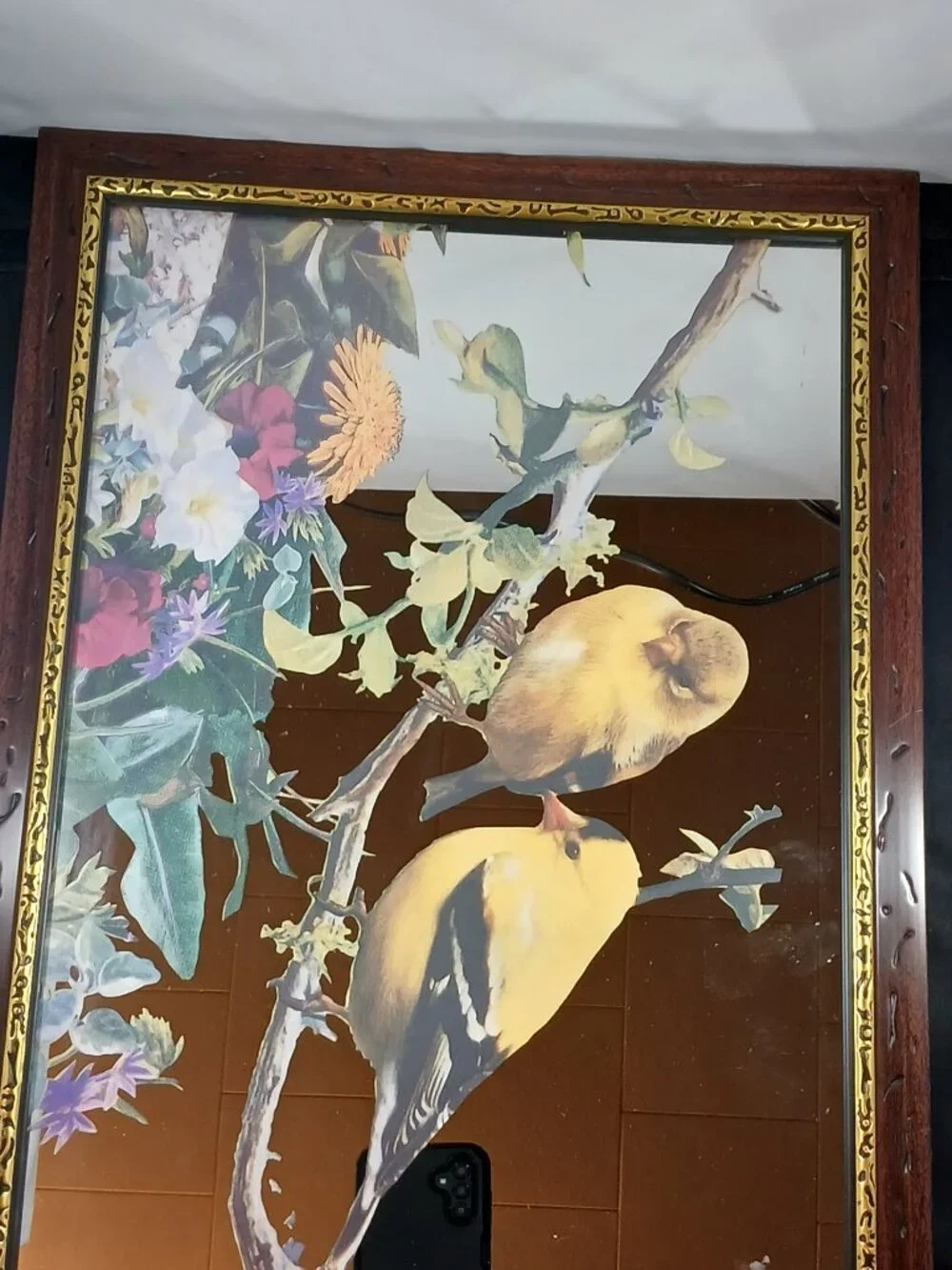 Vintage Framed Mirror with Bird Design 12in x 17.5in